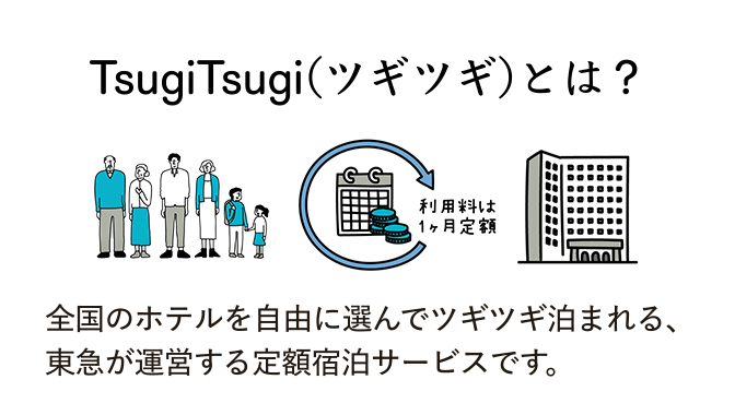 TsugiTsugi(ツギツギ)とは？全国のホテルを自由に選んでツギツギ泊まれる、東急が運営する定額宿泊サービスです。